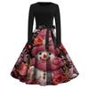 Women's Fashion Round Casual Slim Fit Christmas Print Large Swing Long Sleeve Dress