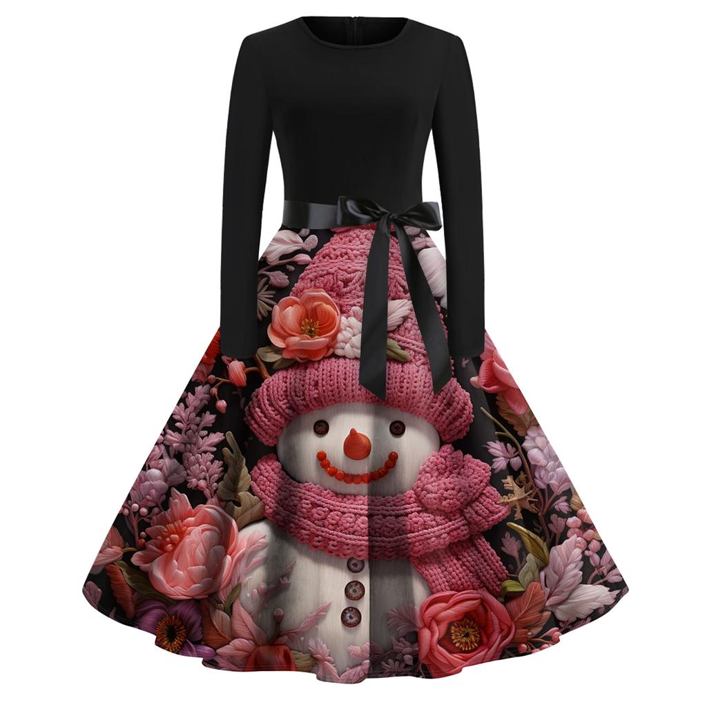 Women's Fashion Round Casual Slim Fit Christmas Print Large Swing Long Sleeve Dress