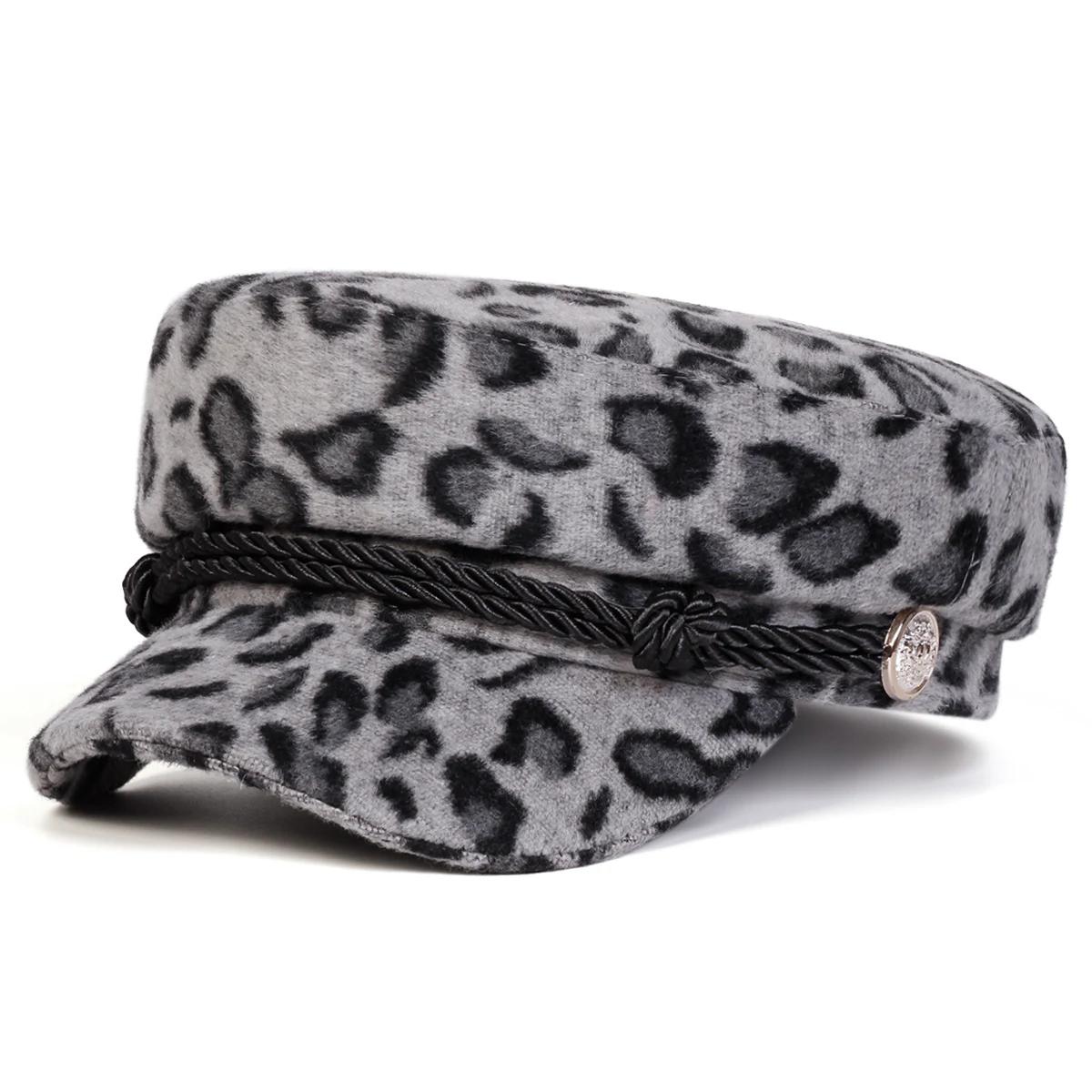 Damen Plüsch Leopardendruck Marine Mütze Herbst Winter Matrosenmützen Baskenmütze Herren Flache Kappe Kapitän Militärmützen Für Herren Und black