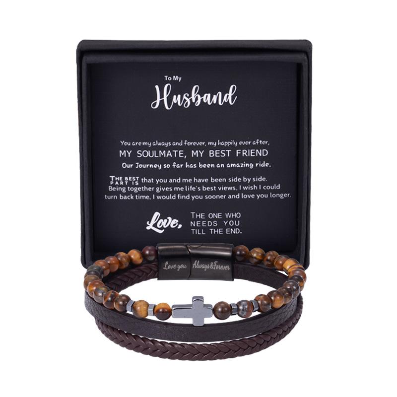 Creative Natural Stone Stainless Steel Bracelet - Obsidian Volcanic Stone Element Simple Cross Multi-Layered Bracelet