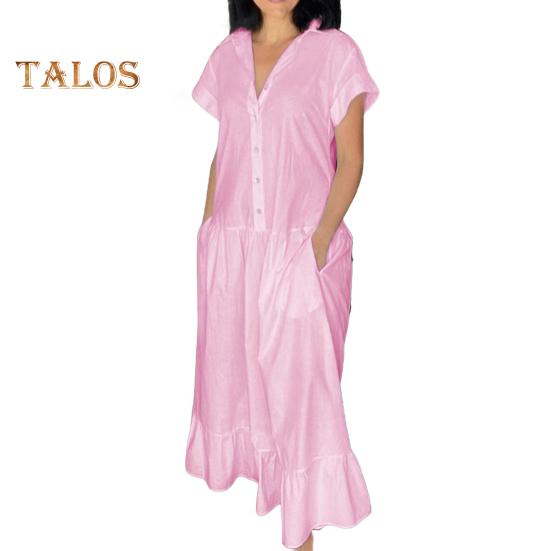 

Женское летнее платье с лацканами и короткими рукавами, однотонное однобортное повседневное длинное платье для выпускного вечера, платье для повседневной носки S розовый