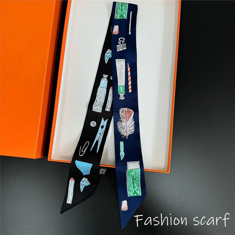 1 Stück Neuer Koreanischer Stil Griff Damen Köperdruck Schal Langes Band Haarband Halskette Schmaler Seidenschal Taschen Dekoration Zubehör