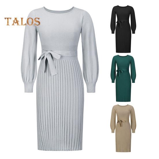 Autumn Lady Dress Knitted Round Neck Long Sleeves Slim Fit Pleated Lace-up Tight Waist Mid-calf Length Elastic Solid Color Midi Sweater Dress