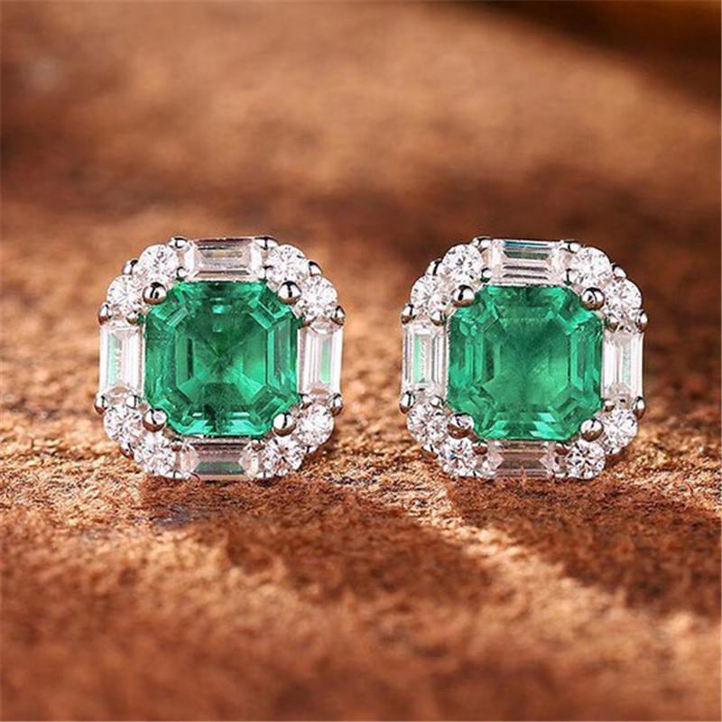 925 Sterling Silver Green Cubic Zirconia Stud Earrings for Women Simple Chic Fashionable Jewelry Accessory