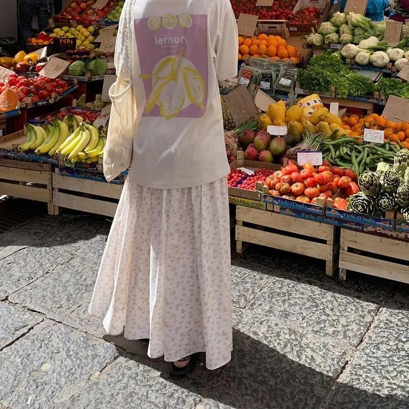 Women Sweet Small Floral High Waist Spliced Long Casual Maxi Skirt