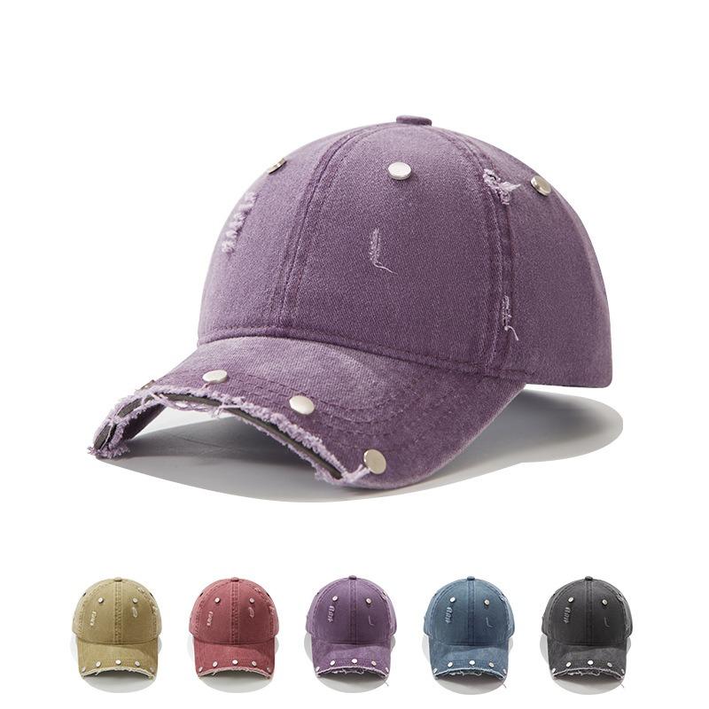 Niche old washed hole baseball cap women spring and summer retro rivets broken brim sun protection peaked cap children tide