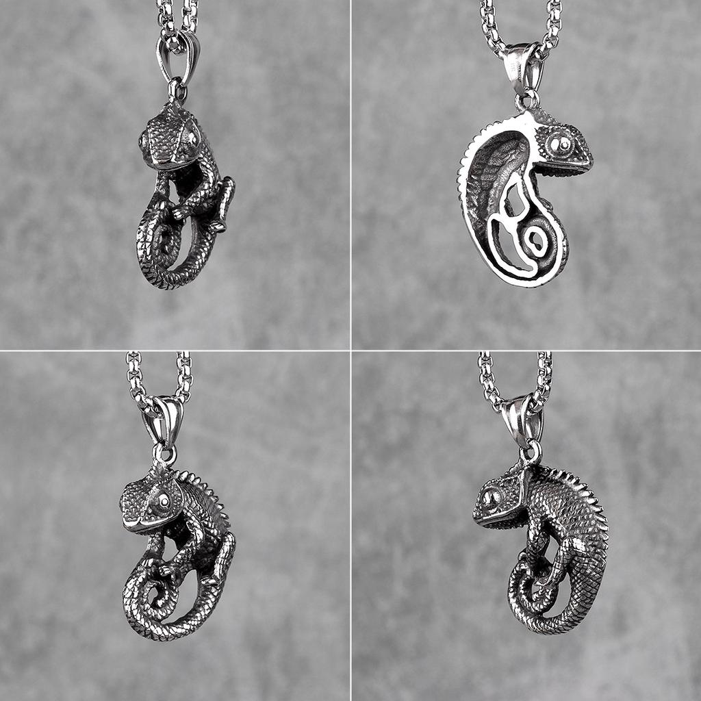 Chameleon Lizard Animal Mens Long Necklaces Pendants Chain HipHop Unique for Boy Male Stainless Steel Jewelry Creativity Gift