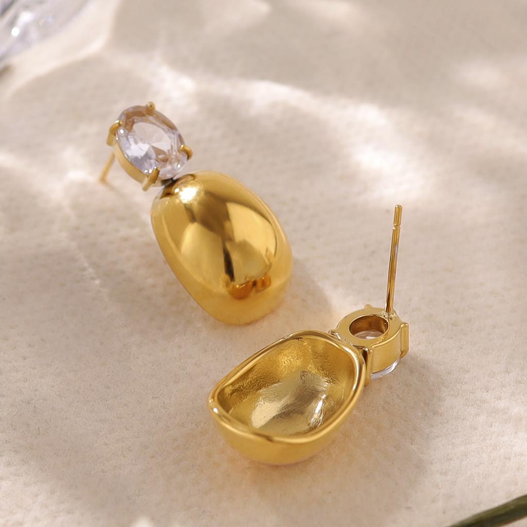 Stainless Steel Three-Dimensional Smooth Water Drop Earrings, French Commuter Zircon Inlaid Long Titanium Steel Stud Earrings For Women