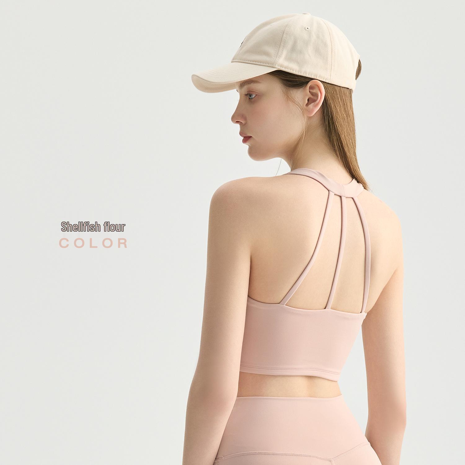 Three-Strap Cross-Back Sports Bra with Chest Pads: Non-Slip, Short-Style Yoga Top for Women