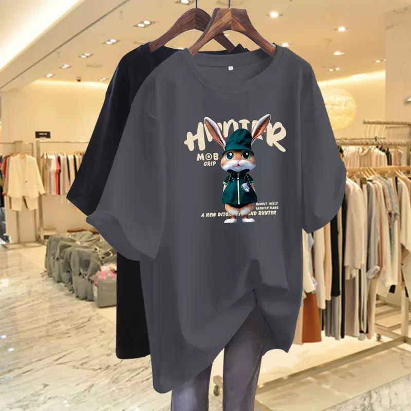 Women's Dark Green Rabbit Print Cotton T-Shirt, European Style, Mid-Length, Short-Sleeve, Spring/Summer 2024 Collection
