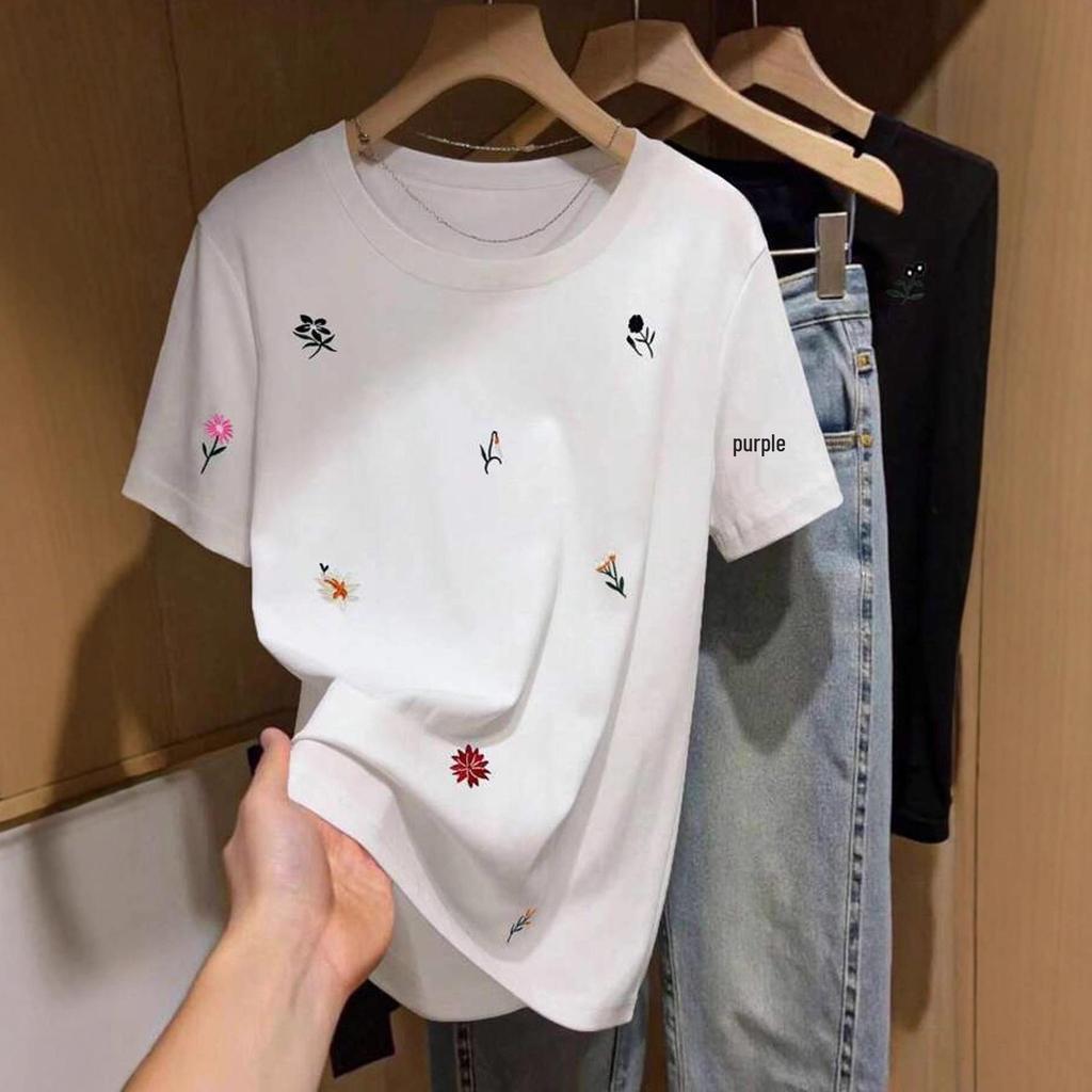 Women's White Cotton T-shirt with Artistic Floral Print