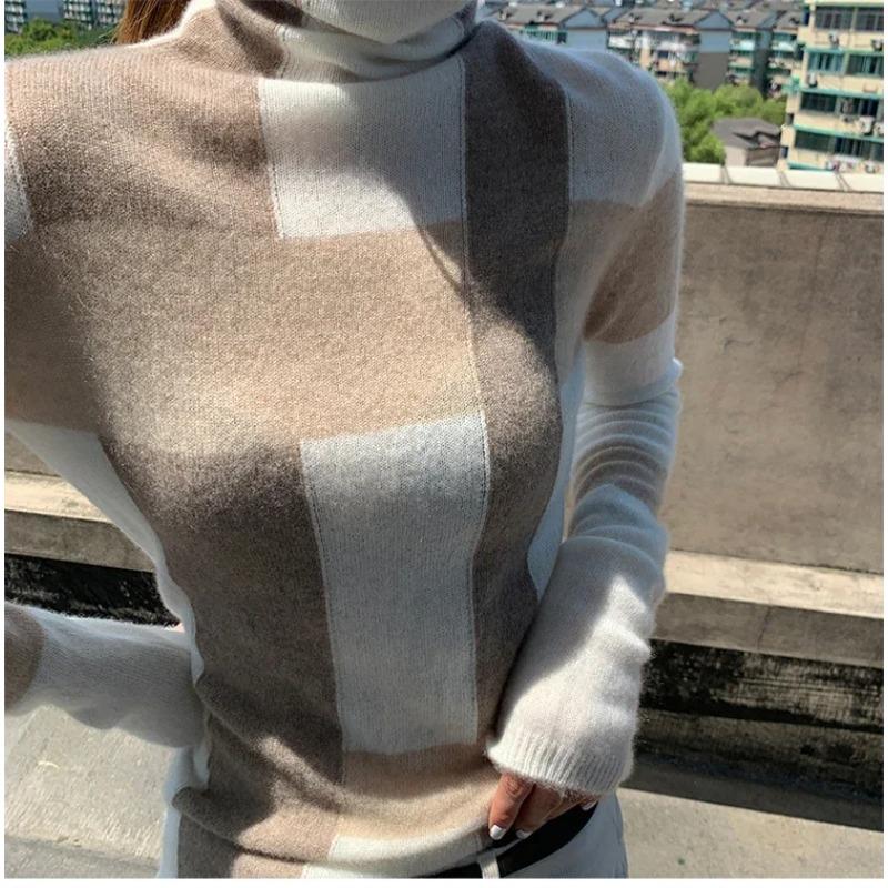 

Cashmere Sweater Women s High-Neck Color Matching Pure Wool Pullover Fashion Plus Size Warm Knitted Bottoming Shir XXL