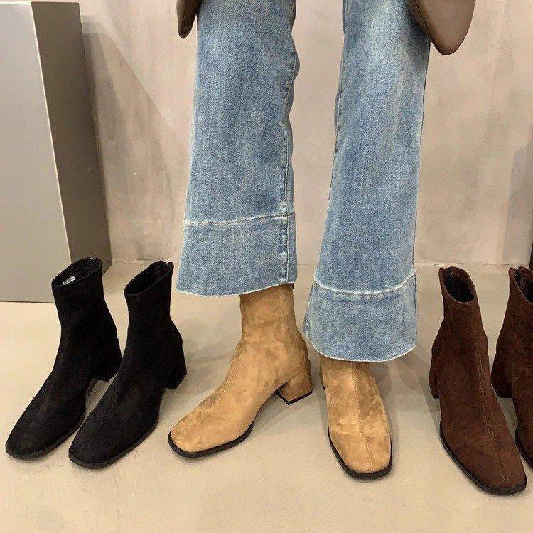 High-heeled Korean Small Ankle Boots Suede Martin Boots Women's Shoes 2025 New Autumn and Winter Velvet Square Head Thin Short Boots