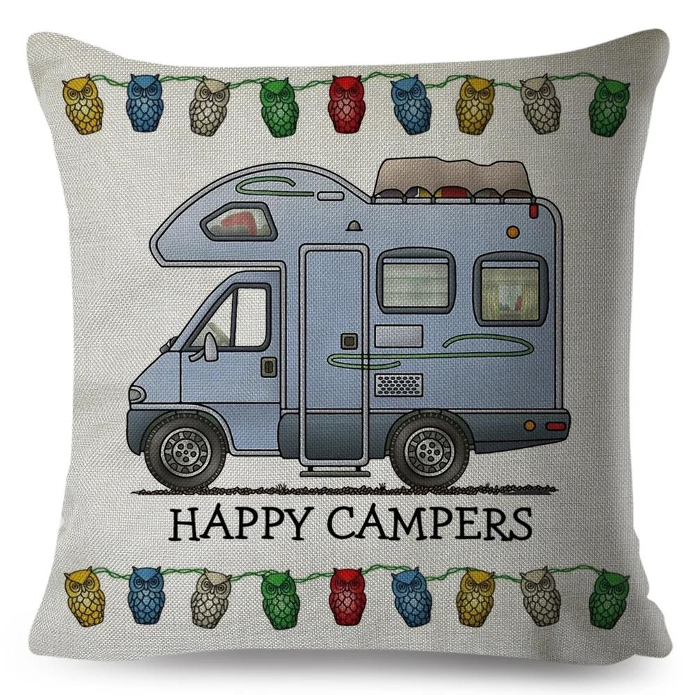 Happy Camper Pillowcase Decor Cartoon Travel Car Printed Pillow Case for Home Sofa Children Room Polyester Cushion Cover 45x45cm
