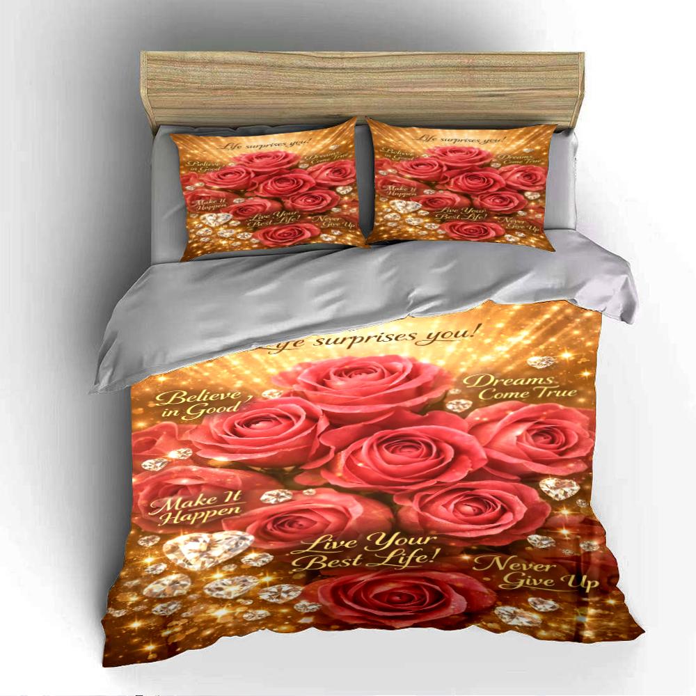 Red Rose and Quote Printed Bedding Set Bedding Set (1 Duvet Cover, 2 Pillowcases, Duvet Not Included)