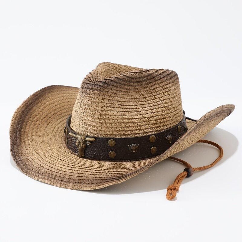 Vintage bull's head nail belt spray paint beach men's and women's western cowboy straw hat, sunshade straw straw straw hat
