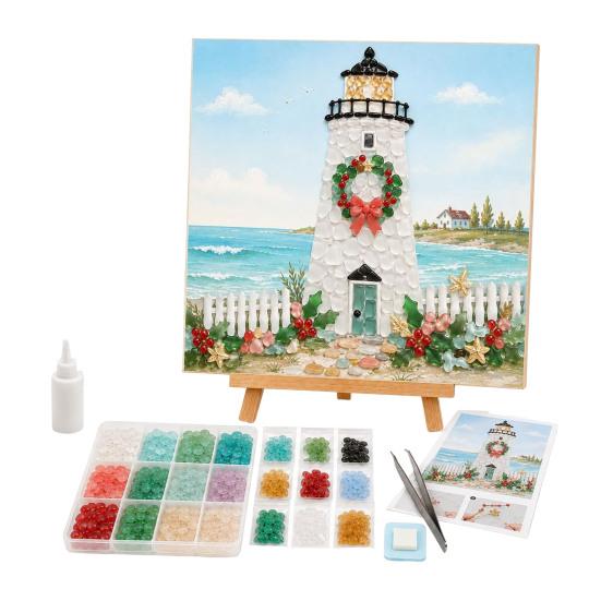 Cozy Holiday Afternoon Activities Christmas Lighthouse Mosaic Art Kit for Adults, DIY Coastal Craft with Acrylic Tiles Colorful Pieces, Decoration