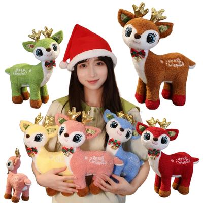 35cm Christmas Deer Stuffed Toy Bell Bow Elk Soft Dolls Throw Pillow Cartoon Birthday Christmas Presents for Girls Boys Decor