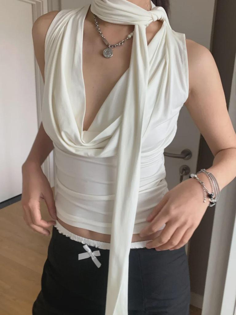 Dorothy Cowl Neck Sleeveless Halter Top with Ribbon Detail