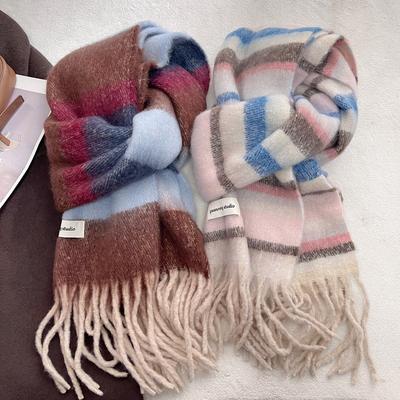 Winter Women Scarf Rainbow Color Designer Thick Warm Pashmina Shawl Wraps Plush Cashmere Tassel Stoles Echarpe Blanket