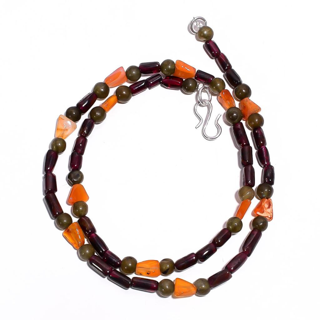 Natural Garnet Carnelian Labradorite Gemstone Smooth Beads Necklace 17" UB-4644 UB-4644