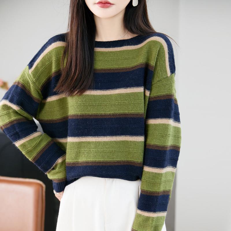 Women's Autumn/Winter Color Block Striped Knit Cardigan - Loose, Versatile, Age-Reducing Base Layer