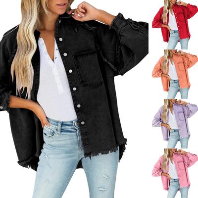 Women's Casual Worn-out Tassel With Holes Loose Solid Denim Jacket