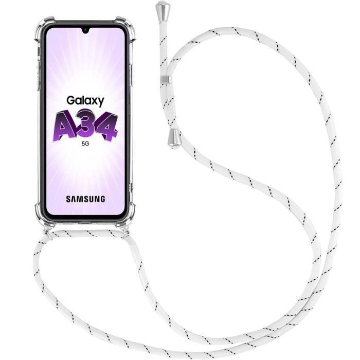 Coque Silicone pour Samsung Galaxy A34 5G - AntiChoc Anti-Rayures Transparent avec Cordon Blanc