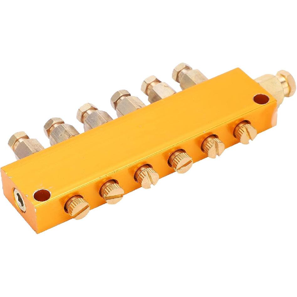 Brass Oil Distributor 5/6 Way Adjustable Lube Oil Piston Distributor Value Manifold Block for Centralized Lubrication System(1 in 6 Out)