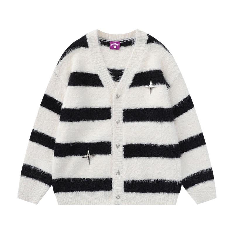 American Tide Gestreifter Cardigan aus Kunstmink-Fell - Unisex Lockerer Strickpullover