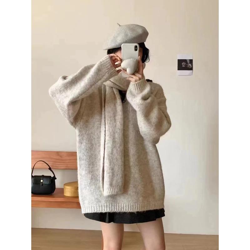 

Ленивый пуловер с шарфом, женский осенне-зимний свободный мягкий восковой модный универсальный вязаный свитер для женщин One size