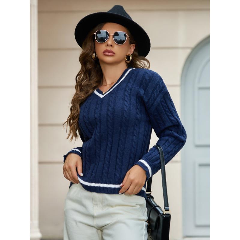 Damen V-Ausschnitt Langarm Pullover Strickpullover