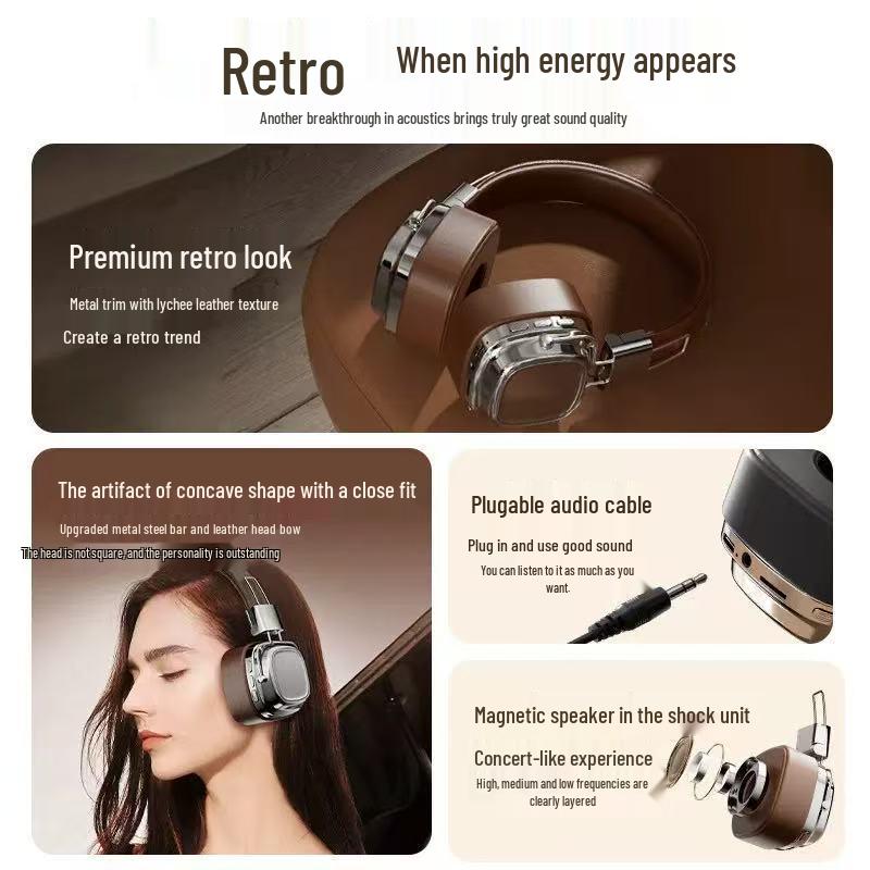 American Retro Style Over-Ear Headphones with Heavy Bass, Bluetooth 5.3 Wireless Headset