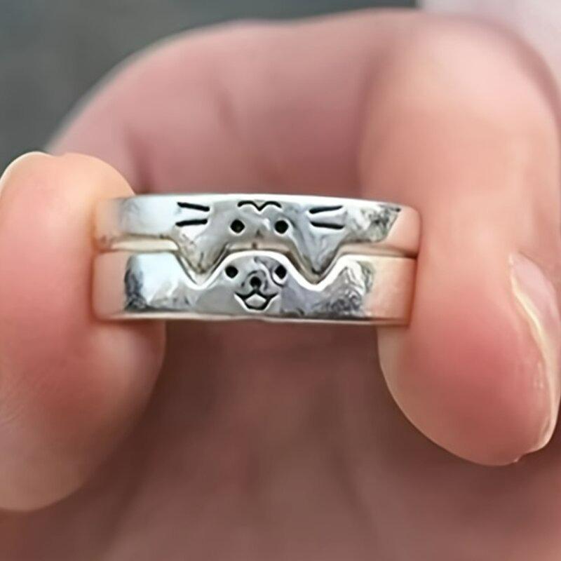 2pcs New Kawaii Cartoon Cat Dog Couple Ring for Women Men Couples Valentine's Day Lover Rings Korean  Jewelry Party Gifts
