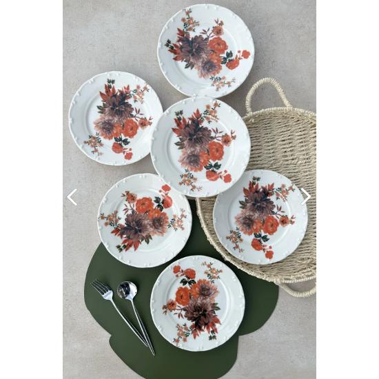 Kırmızı Karanfil 6 kişilik 6'lı porselen günlük renkli pasta tabak takımı 19 cm
