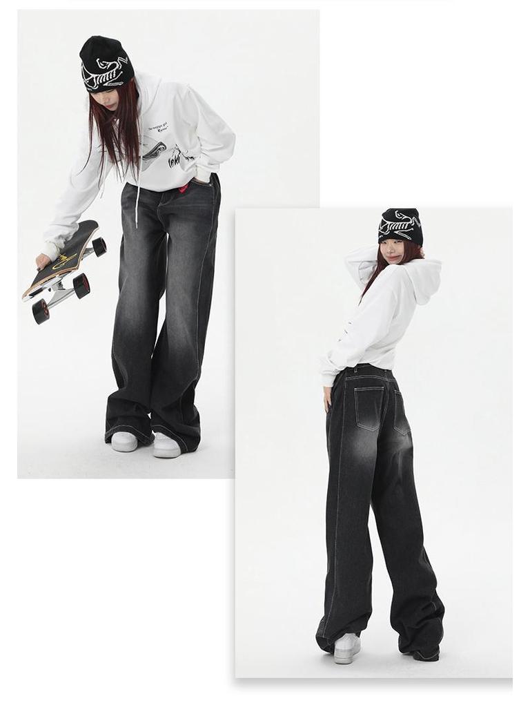 Women's Wide-Leg Black-Gray High-Waisted Jeans - Autumn/Winter 2023