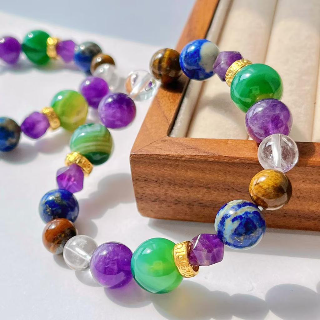 Design Sense Natural Amethyst Lapis Lazuli White Crystal Tiger'S Eye Stone Chalcedony Green Duobao Bracelet Bracelet.