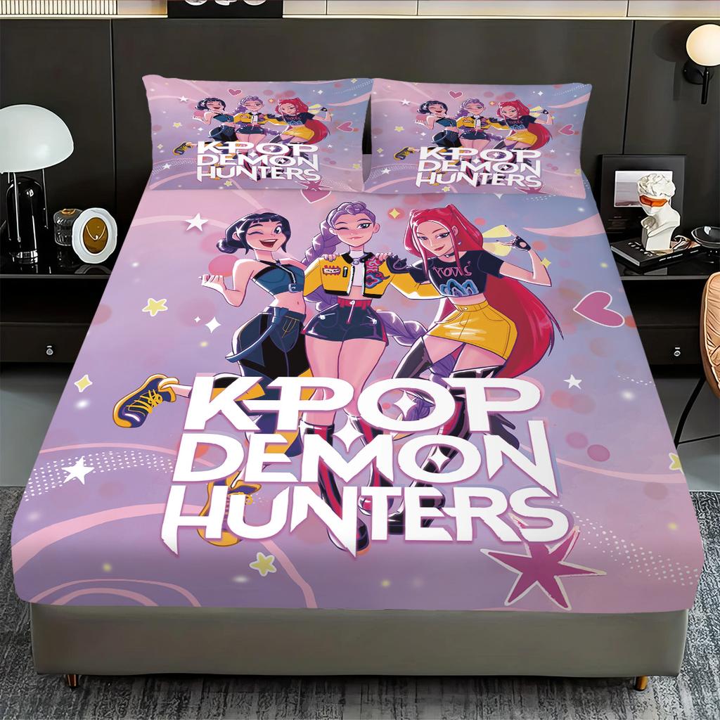 3pcs K-Pop Demon Hunters Print coreless Fitted Sheet Set Multi Size Soft Bedspread Bedroom Bedding Decoration Machine Washable