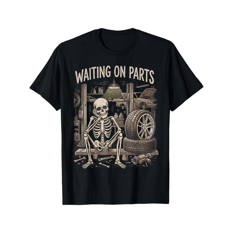 Waiting On Parts Graphic T-Shirt - Funny Mechanic Skeleton Garage Humor Tee XL