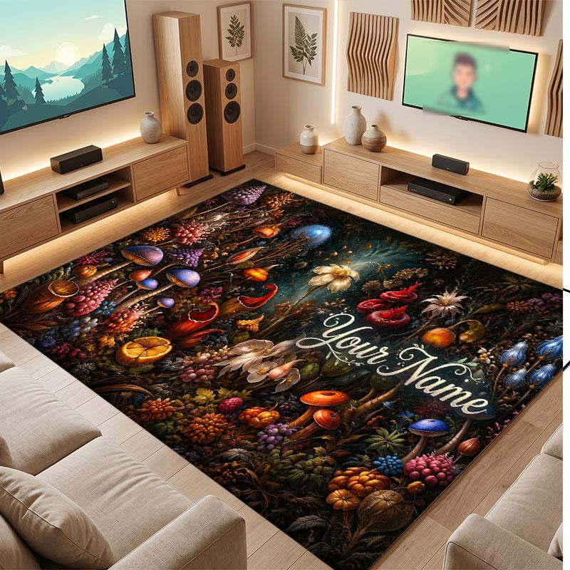 Mushroom Forest Theme Crystal Velvet Floor Rug Personalized Custom Name Text Warm Carpet Home Decoration