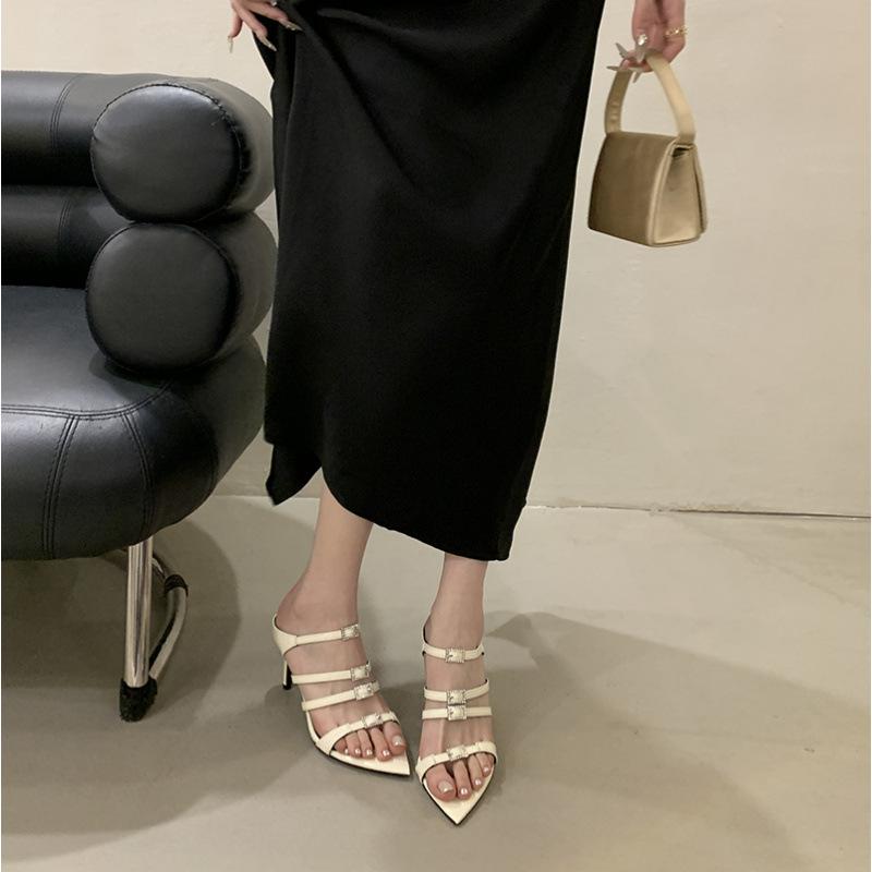 Rhinestone buckle open-toed cool slippers women's high heels new one-pedal pointed high-heeled sandals