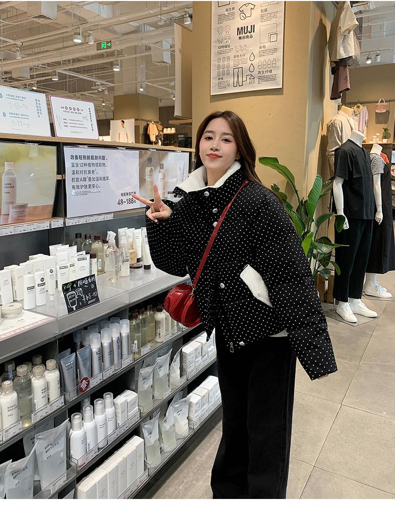 Short Dot Thickened Warm Cotton-padded Coat Jacket with Velvet Lapel