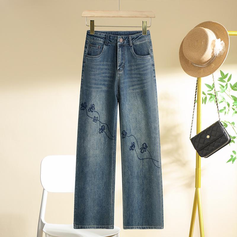 

Women s Retro Blue High Waist Wide Leg Jeans - Embroidered, Loose Fit, Spring/Autumn 2025 28 [For 105-115 lbs]