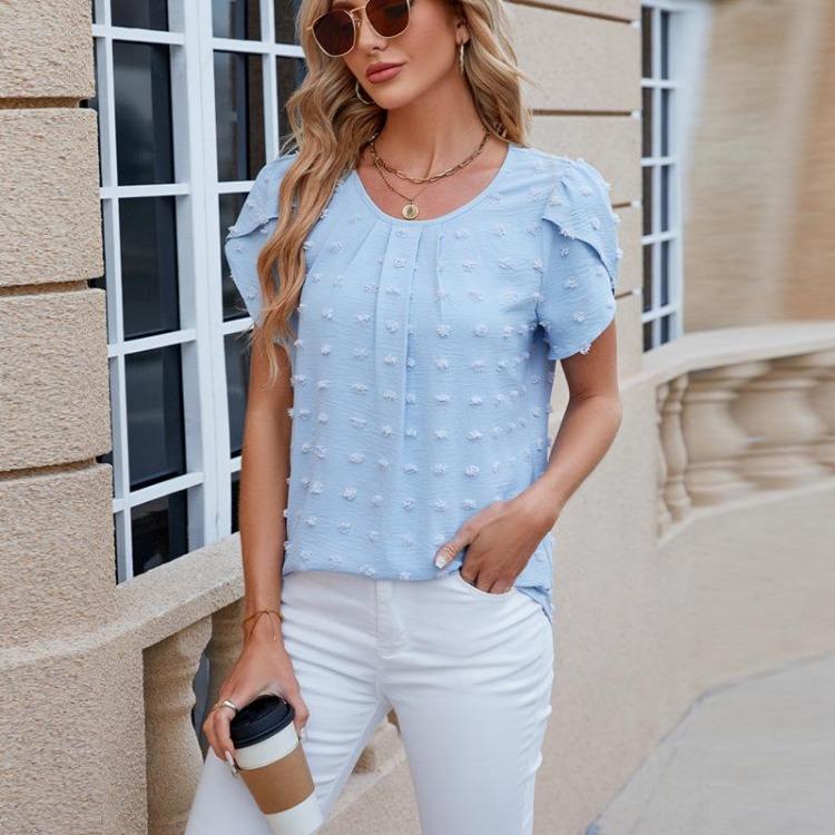 Tshirt Summer Solid Color Short Sleeve Women Round Neck Petal Sleeve Chiffon Jacquard Shirt Tops