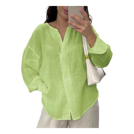 Women Tops V Neck Long Sleeve Pure Color Mid-length Pullover Tops with Asymmetrical Slit Curved Hem Loose Fit Versatile Casual Shirt