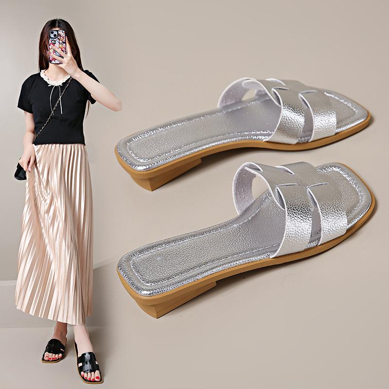 Large size thick-heeled slippers for women, new square head, light one-pedal lazy slippers Slippers