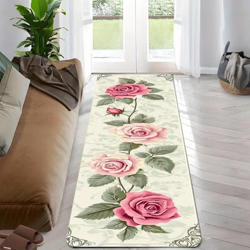 Vintage Vertical Pink Rose Floral Runner Rug Elegant European Vine Print Non Slip Floor Mat for Hallway Living Room Bedroom