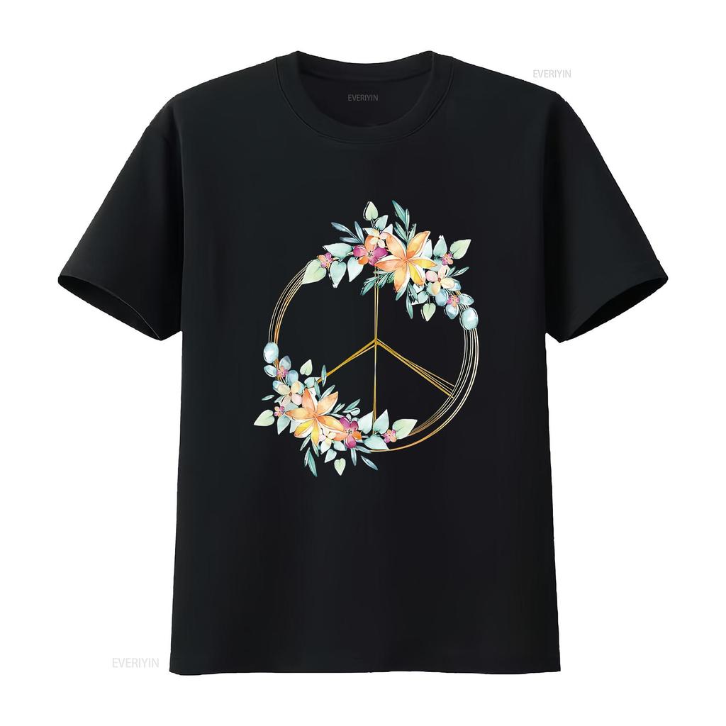 Floral Peace Sign Watercolor Bohemian Hippie Clothing Womens T Shirt Black 2X Large Vintage Washed Graphic Unisex Breathable
