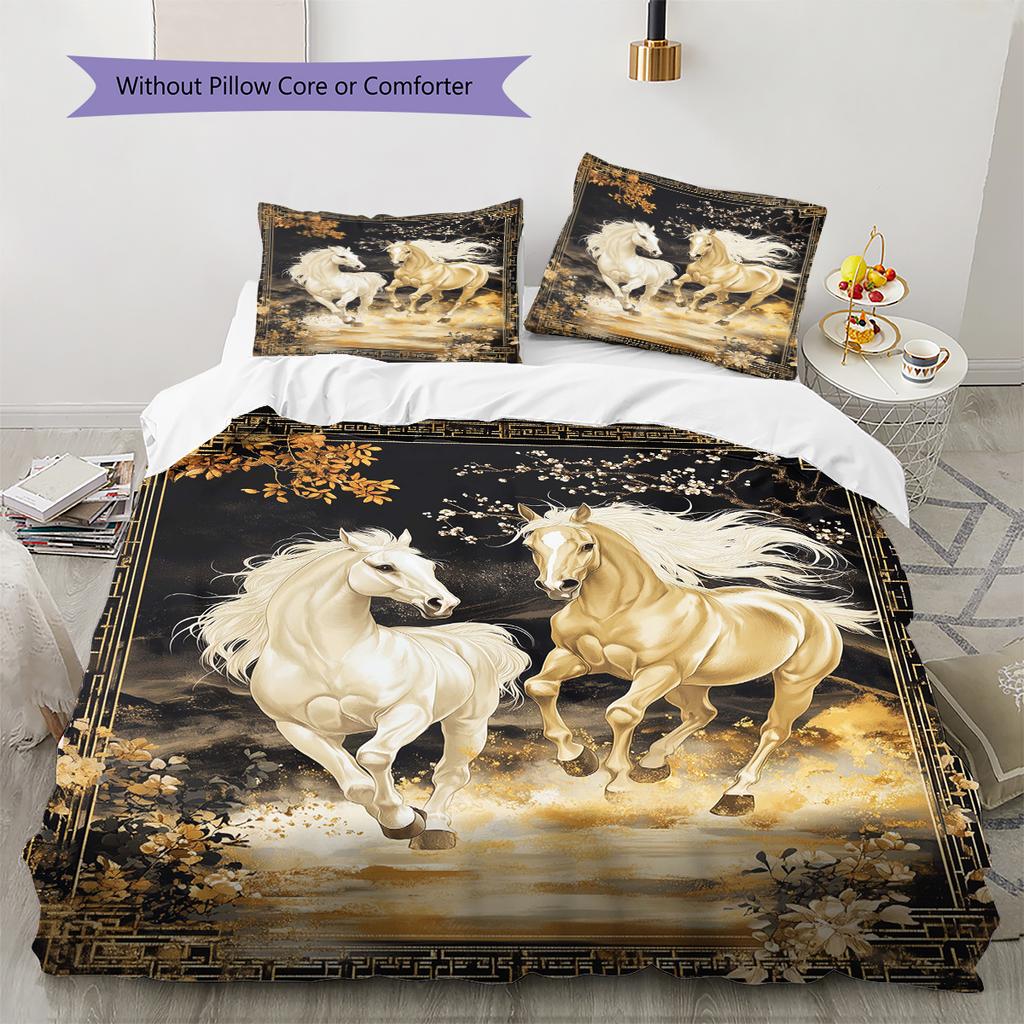 Horses Painting Pattern Bedding Quilt Set Quilt Cover Pillowcase Home Decoration Birthday Gift (1 * Duvet Cover + 2 * Pillowcase, Without Core)