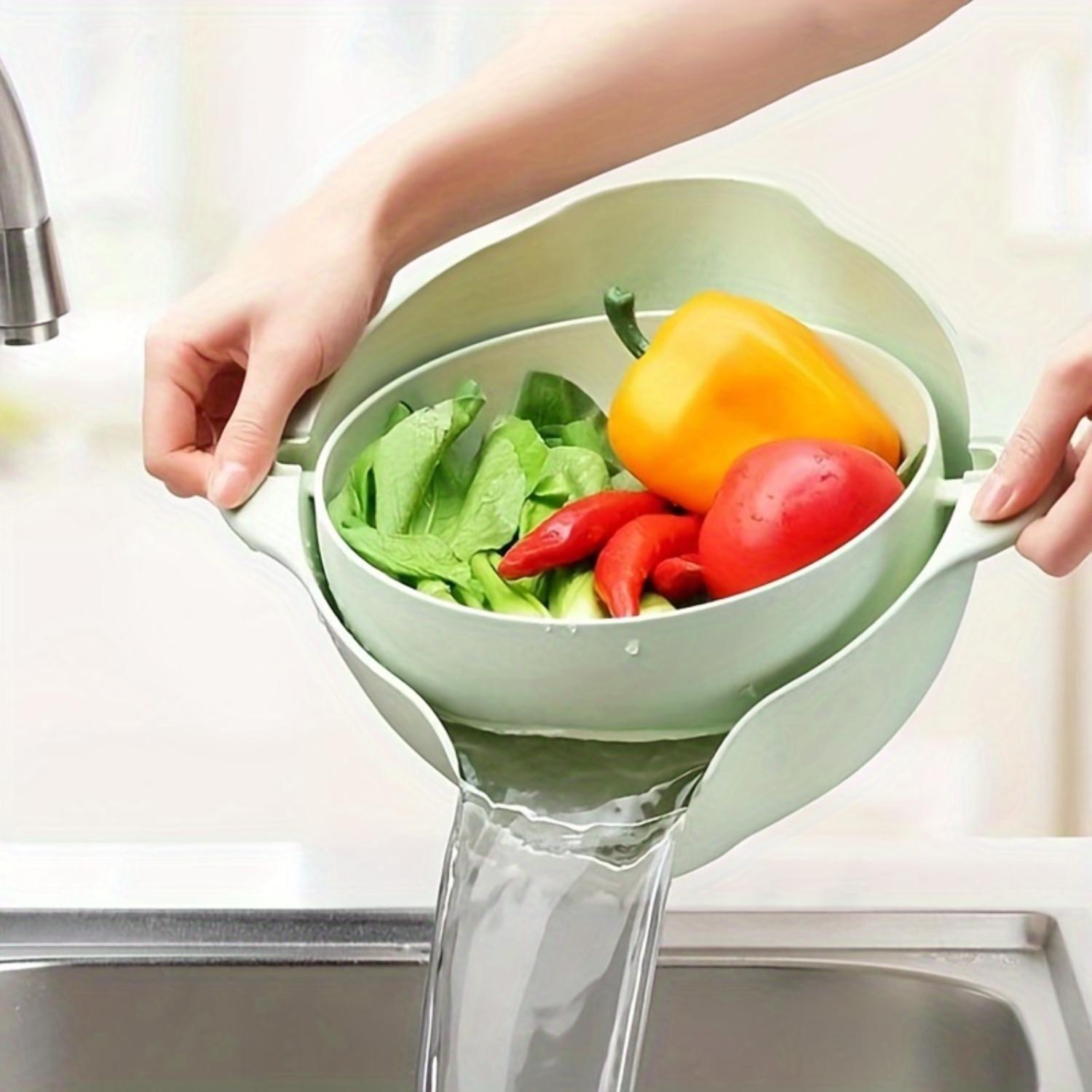 

Rotatable Double Layer Plastic Colander Set - Kitchen Strainer Basket for Fruits and Vegetables зелений